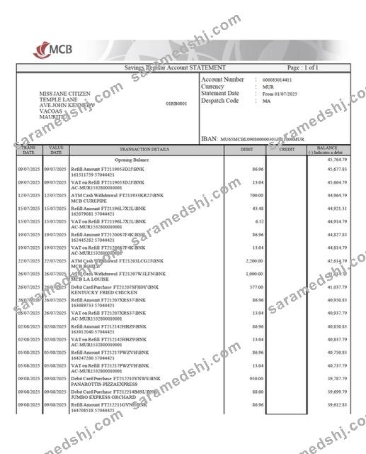 Mauritius Commercial Bank (MCB) account statement Word and PDF template